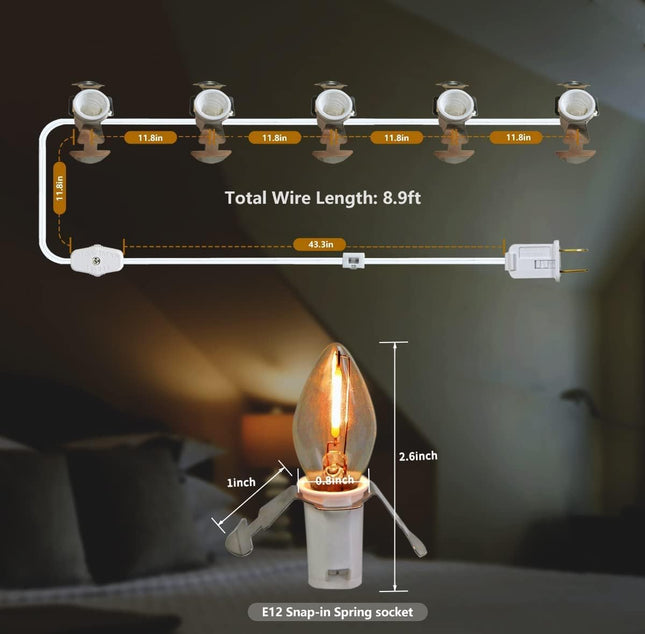 KGC Accessory Cord with 5 LED Light Bulb 9 Feet C7 Cord Clip Lights with Double Spare Fuse, Blow Mold Christmas Halloween String Lights Decoration for Xmas Village House, Pumpkin Crafts Holiday Decor