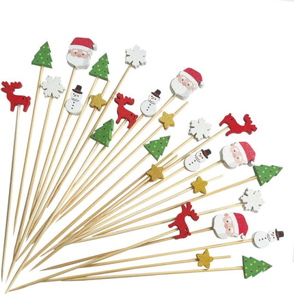 100 Pcs Christmas Cocktail Picks Santa Snowman Elk Xmas Tree Bamboo ToothPicks Appetizer Bamboo Toothpicks for Christmas Holiday Home Party Cake Food Decoration