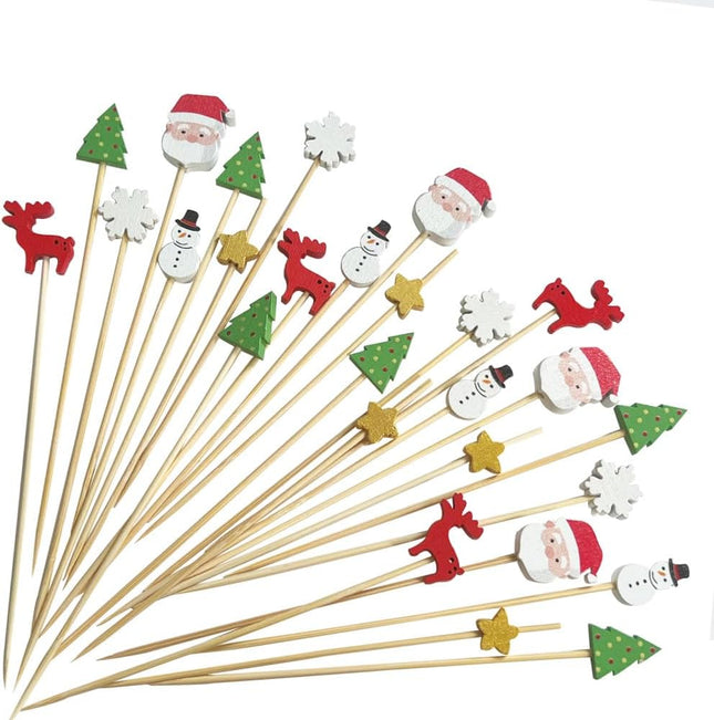 100 Pcs Christmas Cocktail Picks Santa Snowman Elk Xmas Tree Bamboo ToothPicks Appetizer Bamboo Toothpicks for Christmas Holiday Home Party Cake Food Decoration