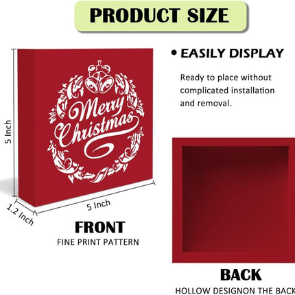 Merry Christmas Wooden Box Sign, Red Christmas Decorations, Merry Christmas Decor, Farmhouse Christmas Wreath Wood Signs for Home Office Desk Table Shelf Decoration, 5x5 Inch