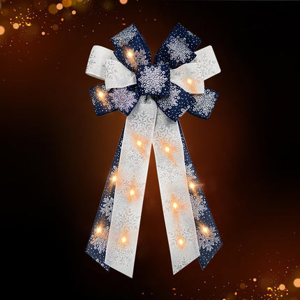 Large Christmas Wreath Bows with Mini LED Strip Christmas Navy Blue Snowflake Ribbon Bows for Wreath, Tree Topper Bows for Xmas Year Home Indoor Outdoor Party Decoration Wreath Ornament Supplies