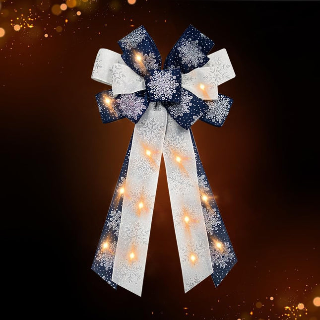Large Christmas Wreath Bows with Mini LED Strip Christmas Navy Blue Snowflake Ribbon Bows for Wreath, Tree Topper Bows for Xmas Year Home Indoor Outdoor Party Decoration Wreath Ornament Supplies
