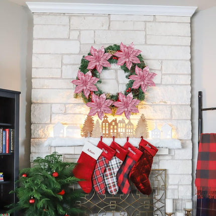 Briful 9'' Christmas Poinsettia Flowers 8PCS Pink Glitter Artificial Flowers Large Christmas Ornament Flowers for Xmas Tree Wreath Garland Decoration