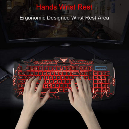 Gaming Keyboard Mouse Headset Combo,USB Wired Crack Backlit Keyboard,114 Keys Letters Glow LED Keyboard,Red LED Light Headset for Laptop PC Computer Work and Game