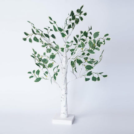Green Leaf Birch Tree with LED Lights, 2 feet 24 LED Warm Light Up Christmas Tree, Timer Battery Operated or USB Plug in Tabletop Tree Lamp for Wedding Home Decoration