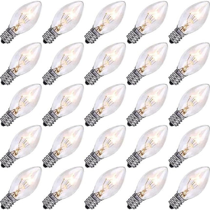 25 Pack Christmas Decor Replacement Bulbs Clear, 5 Watt C7 Light Bulbs, E12 Candelabra Base C7 Incandescent Bulb for Indoor/Outdoor Christmas String Lights