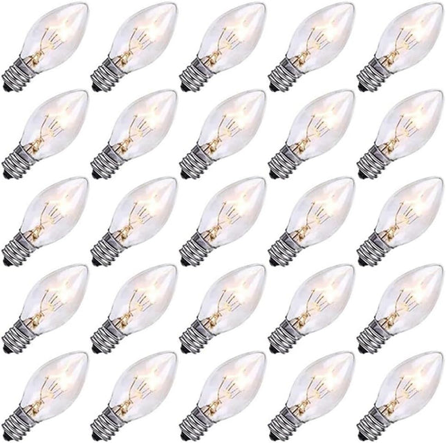 25 Pack Christmas Decor Replacement Bulbs Clear, 5 Watt C7 Light Bulbs, E12 Candelabra Base C7 Incandescent Bulb for Indoor/Outdoor Christmas String Lights