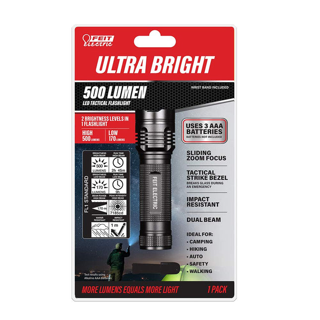 Feit Electric FL500 Ultra Bright 500/170 Lumens 3-Cell AAA, Zoomable Strike Bezel LED Tactical Flashlight, 4.6" L x 1.3" D Black