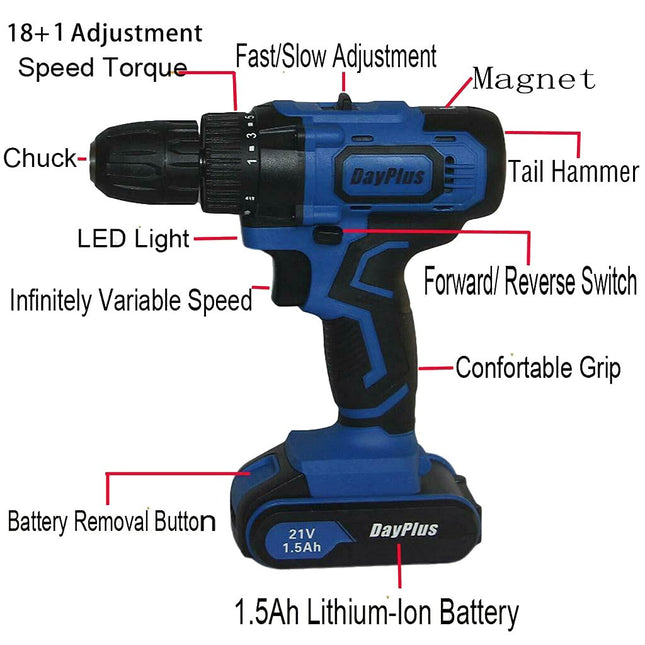 DayPlus 21V Cordless Drill with 1ÃƒÆ’Ã¢â‚¬â€1.5Ah Battery, Heavy Duty Electric Drill and Screwdriver Set, Impact Driver 45Nm, 2900RPM Max Speed, 2 Speed, Forward and Reverse Setting, LED Worklight