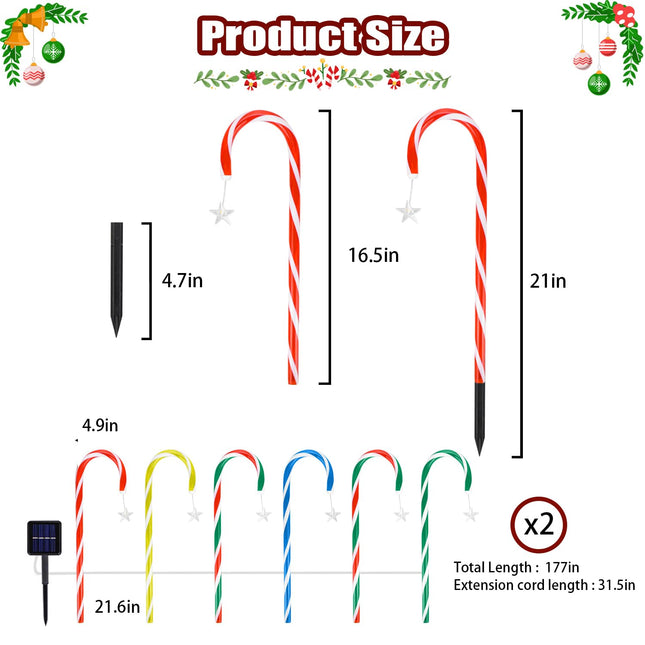 Quimoy 12Pcs Candy Cane Lights, 21'' Solar Christmas Decorations Outdoor, Candy Cane Pathway Lights with 8 LightingModes,Waterproof Christmas Yard Decorations for Lawn Driveway Walkway Sidewalk