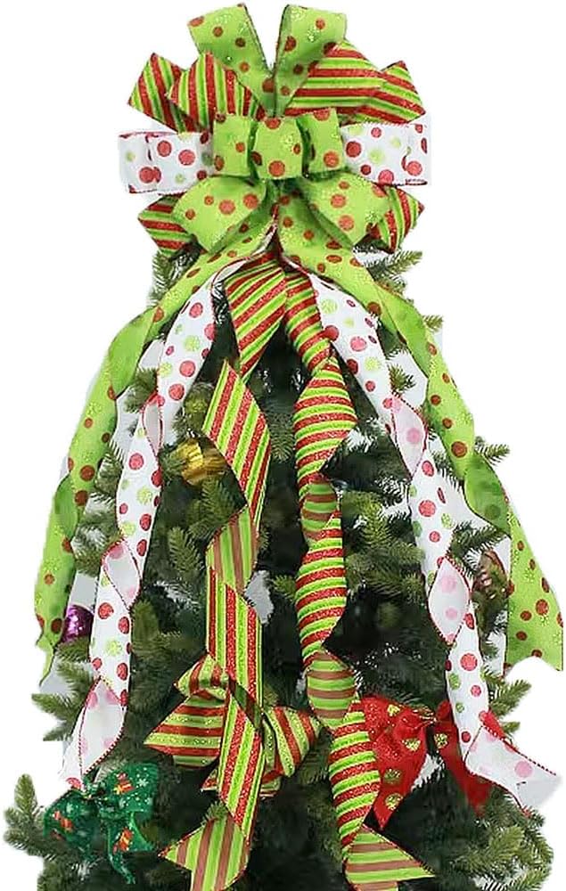 Christmas Tree Topper,45"x12" Large Green Christmas Bow Tree Decor, Red Green Dot Polyester Bow for Xmas Ornament for Family, Wedding, Indoor Outdoor Thanksgiving Christmas Decoration