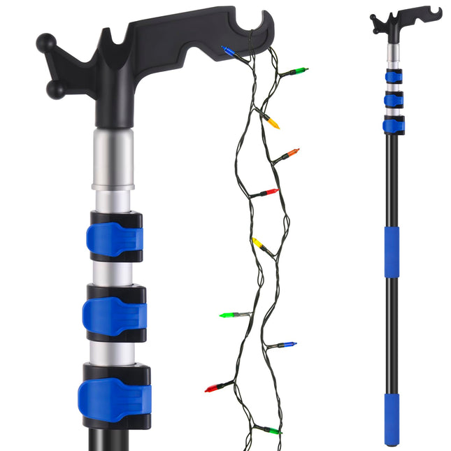 Pole for Hanging Christmas Lights, 3.8-12 FT Long Extension Pole with Utility Hook, Ladderless Telescopic Poles Christmas Outdoor String Light Installation Tool, Extend a Reach Rod Kit