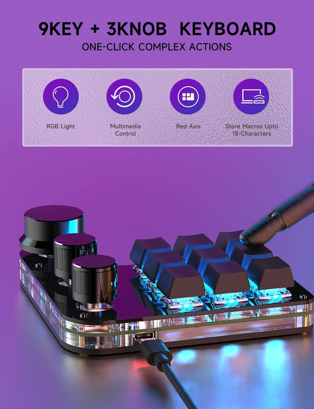 USB Mini Macro Mechanical Gaming Keyboard, Programming KeyPad with 3 Knobs, RGB LED KeyPad Macro Support One-Handed,OSU,One-Click Start DIY Hotkeys (9Key Wired)