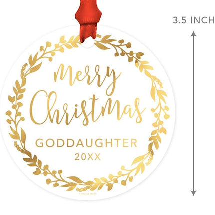 Andaz Press Family Round Metal Christmas Ornament, Merry Christmas Goddaughter , Gold Holiday Wreath, 1-Pack, Includes Ribbon and Bag Goddaughter Ornament Godchild Ornament