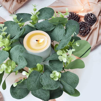 6Pcs Candle Rings, Artificial Eucalyptus Wreath Candles Wreaths, Small Greenery Farmhouse Wreath for Door Wedding Centerpieces Home Party Table Decor, 4" ID / 9.8" OD