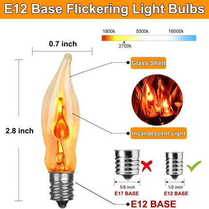 10Ft Christmas Flickering Flame String Lights with 11Pack Clear Glass Flame Light Bulbs, C18 E12 Base Flame Lights Christmas String Lights Indoor Outdoor Home Party Christmas Decorations-Green Wire
