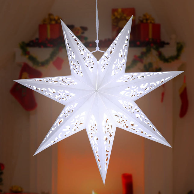 Kingdder Star Paper Lanterns Paper Lampshade with LED Light Paper Lantern Moroccan Paper Stars 7 Pointed White Hollow Out Party Paper Star Decoration for Weddings Christmas Tree Birthday (20 Inch)