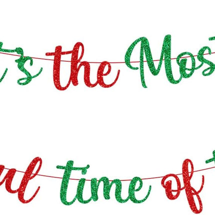 Red Green Glitter It's The Most Wonderful Time of The Year Banner with Holly Berry Xmas Tree Bells Christmas Holiday Party Banner Merry Christmas Holly Jolly Winter Party Mantle Decorations