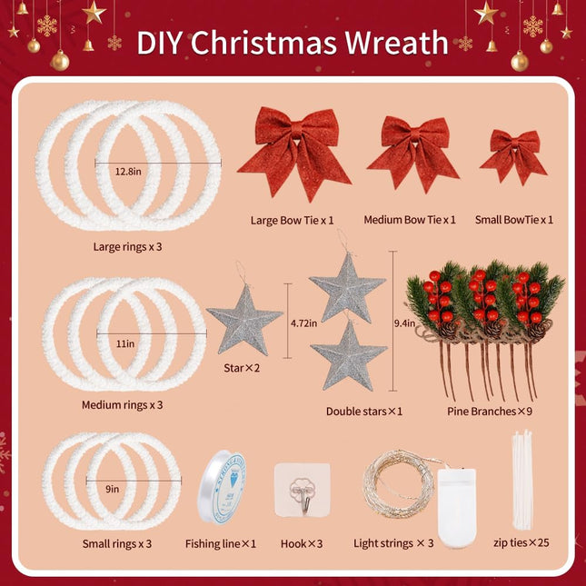 Christmas Decorations Indoor,Outdoor,3 pcs Christmas Wreath,DIY Christmas Fireplace Decorations,Wreath Christmas Decorations with led Lights for porches Staircase Home Mantle