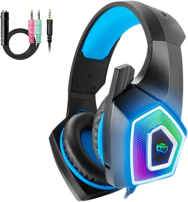 Gaming Headset with Mic for Xbox One PS4 PS5 PC Switch Tablet, with Stereo Surround Sound & LED Light Noise Cancelling Over Ear Headphones