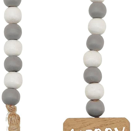 Merry and Bright Farmhouse Beads with Tassel, Rustic Wooden Beads Decor, Wooden Bead Garland for Tiered Tray, Tabletop, Shelf, Christmas Tree