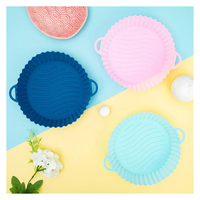 1 Pack Silicone Air Fryer Basket Oven Mold Baking Pan Pizza Fryer Basket Round Square Reusable Pot Holder Accessories(RoundLightBlue)