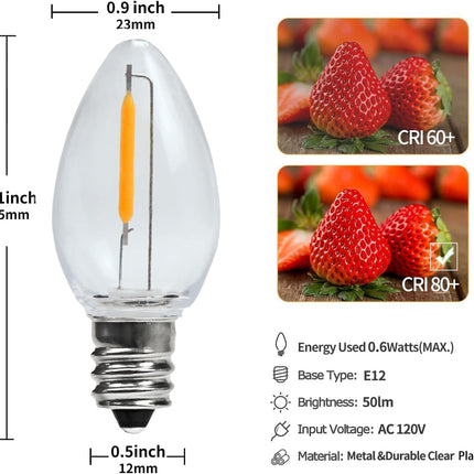 25 Pack LED Night Light Bulbs, C7 Shatterproof Replacement Led Light Bulb for String Light, E12 Base Salt Lamp Bulbs, 0.6W Equivalent to 7W, Warm White 2200K, 50LM