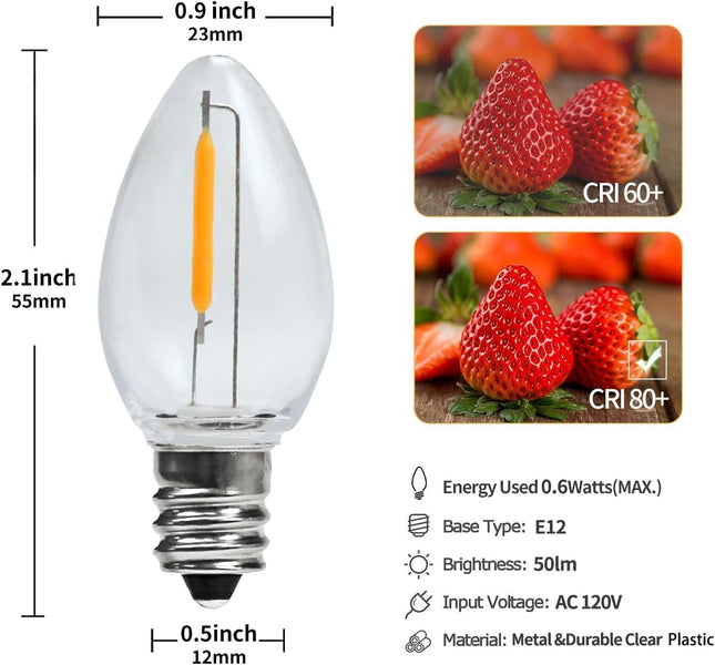 25 Pack LED Night Light Bulbs, C7 Shatterproof Replacement Led Light Bulb for String Light, E12 Base Salt Lamp Bulbs, 0.6W Equivalent to 7W, Warm White 2200K, 50LM