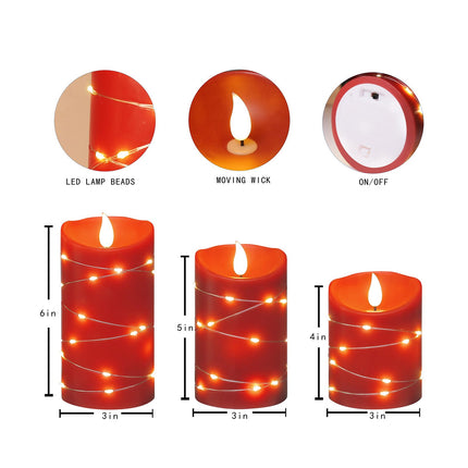 Flameless Candle Battery Powered Embedded Light String LED Candle 11 Key Remote Control and Timer Function Flashing Flame Candle 3-Piece Set (red)