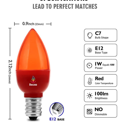 C7 Red Replacement Bulbs 6 Pack, 1W Small Red C7 LED Christmas Light Bulbs, E12 Candelabra Base, Non-Dimmable, Red Night Light Bulb for Outdoor Xmas String Lights Window