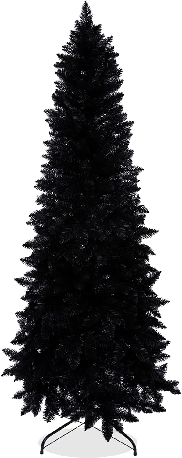 7ft Artificial Pencil Slim Black Christmas Tree Unlit-Tall Skinny Hinged Full Real Tall Halloween Xmas Tree with 950 Branch Tips-Foldable Metal Stand-Easy Setup-Holiday Outdoor Indoor Décor