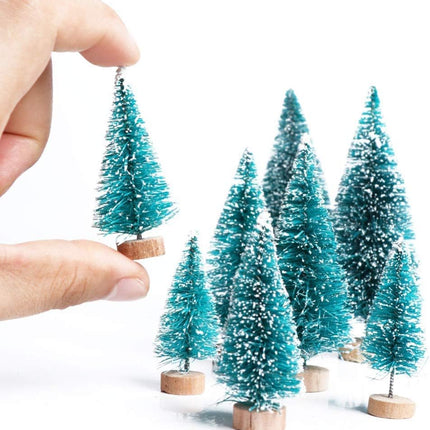 Artificial Mini Sisal Christmas Trees Snow Frost with Wooden Bases for Home Party Decoration Ornament DIY Craft (Blue-Green, 20 pcs)