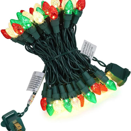Red White and Green Christmas Lights Outdoor C3 Glass 50 LED String Lights Plug in Fairy Lights with ETL Xmas Decorations for Indoor Outdoor Yard Party Christmas Tree Deco
