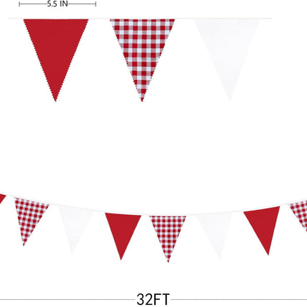 32Ft Red Party Decorations Red Plaid Checkered White Triangle Flag Gingham Pennant Bunting Fabric Garland for Christmas Wedding Birthday Carnival Picnic X-mas Outdoor Home Party Festivals Decoration