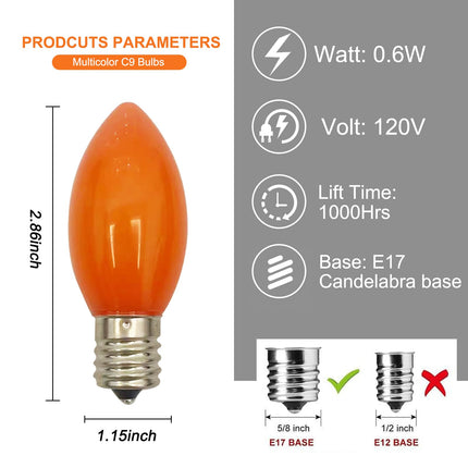 C9 Led Replacement Christmas Light Bulb, C9 Multicolor Led Bulbs for Christmas Outdoor String Lights, E17/C9 Intermediate Base-0.6 Watts, 25 Pack