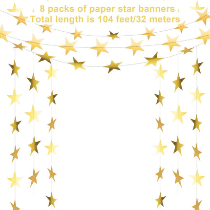 Bremorou Gold Star Garland, 104 Ft Gold Star Garland Banner Bright Star Hanging Bunting Banner Backdrop Reflective Sparkle Little Star Paper Hanging Decor for Birthday Engagement Wedding Party