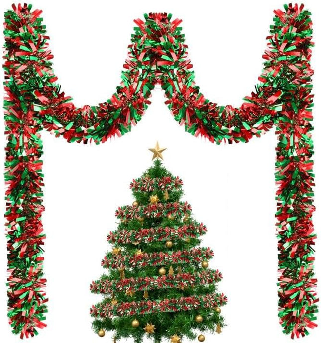 MARFOREVER 3 Pcs Christmas Tinsel Garland Tree Decoration Red Green Metallic Tinsel Twist Garland Hanging Supplies for Christmas Holidays Year Party Indoor Outdoor Home Wall Decor 19.7 Feet