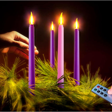 Set of 4 Battery Operated Flameless Taper Candles for Advent Wreath - 3 Purple, 1 Pink - Flickering Candles for Home, Church, School Decor