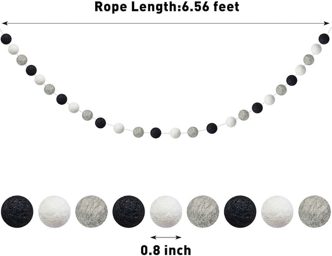 3 Pieces Wool Felt Ball Garland Colorful Pom Pom Garland 6.56 Feet Long 24 Ball Garland for Winter Christmas Easter Thanksgiving Halloween Wall Decoration (Black, Gray, White)