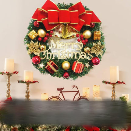 Christmas Wreath Reef for Front Door Window 13 Inch Pine Artificial Garland with Bowknot, Bells, Deer, Red Berries, Cabinet Wreath for Christmas Party Decor, Front Door Window Wall Wreath