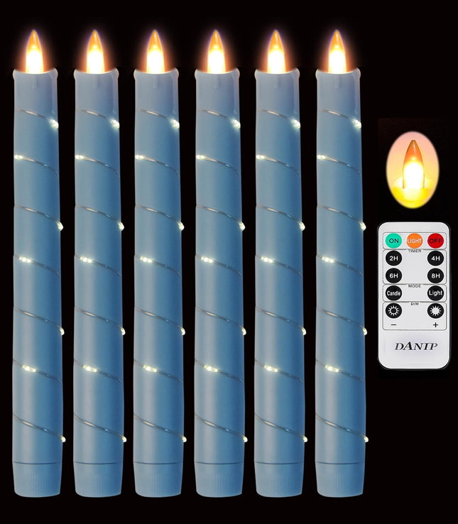 Flameless Cone-Shaped Candle, Patented Starlight String, 11 Key Remote Control, Timer, Battery Powered, Patented Dance Flickering Flames, 6 Packs, Christmas Home Decoration (Sky Blue)