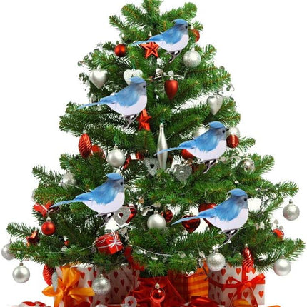 12pcs Artificial Blue Christmas Ornaments with Clip and Real Birds Tail Feathers,Light Blue Bird Feather Craft Decoration for Christmas Tree Decor