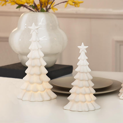 Ceramic Christmas Tree That Light Up, 2 Pack Lighted Porcelain Christmas Tree with Star, Matte White Small Xmas Tree Table Centerpiece Xmas Tree Figurines for Tabletop Decor