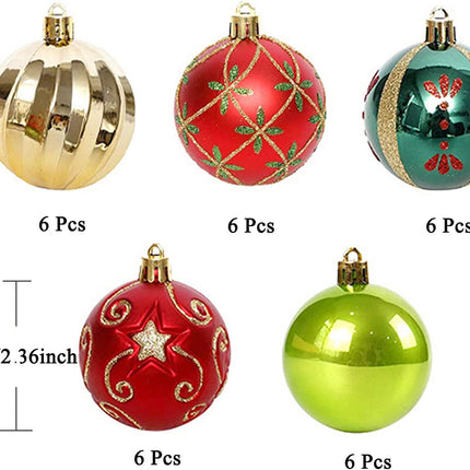 Christmas Ornaments Tree Decorations, 30ct Christmas Ball Decoration Set 2.36" Red Green and Gold Shatterproof Hanging Christmas Ornaments for Xmas Trees Decor Christmas Holiday Party