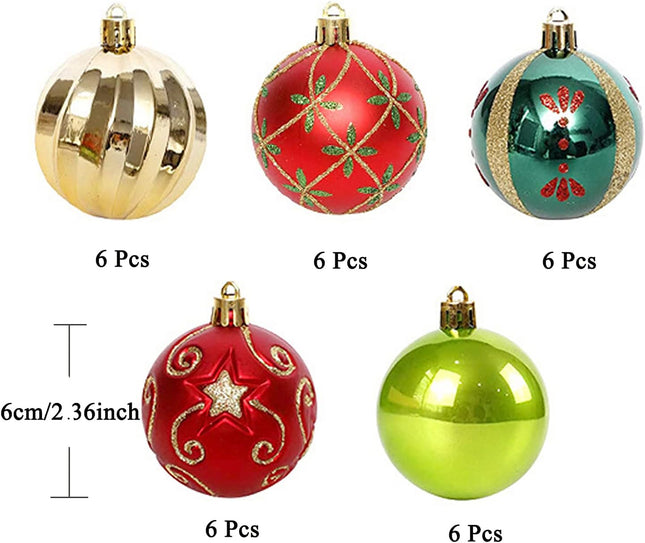 Christmas Ornaments Tree Decorations, 30ct Christmas Ball Decoration Set 2.36" Red Green and Gold Shatterproof Hanging Christmas Ornaments for Xmas Trees Decor Christmas Holiday Party