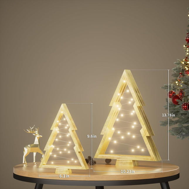 Wooden Christmas Tree, Modern Farmhouse Lights Christmas Tree, Tabletop Christmas Decor 2-Piece Set(Large 13.78" & Small 9.6") fit for Mantelpiece, Coffee Table, TV Cabinet