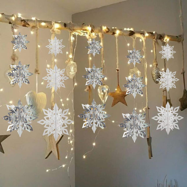 Crafare Christmas 3D Hanging Snowflakes Ornaments 3 Size 18PCS White Silver Snowflakes Hanging Garland for Winter Wonderland Holiday Year Party Home Decoration