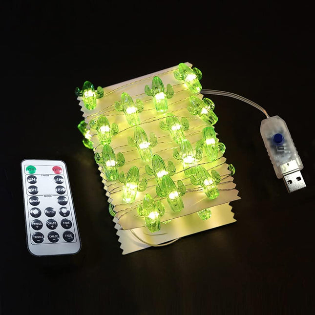 Starryfill Tropical Themed Small Cactus USB-Plugin String Lights 0.8"(H) 40 LED with Remote Control and Timer On 13.85ft Copper Wire Warm White Waterproof Warm White for Decorations