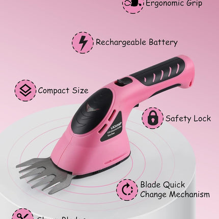 Lichamp 2-in-1 Electric Hand Held Grass Shear Pink Hedge Trimmer Shrubbery Clipper Cordless Battery Powered Rechargeable for Garden and Lawn, CGS3602PK Pink