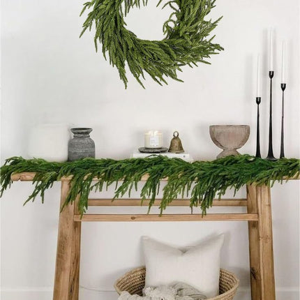 Real Touch Norfolk Pine Christmas Garland and Wreath Set, 24IN Green Wreath and Christmas Garland Artificial Faux Greenery Norfolk Pine for Holiday Indoor Mantle Decor (6FT - 24IN)